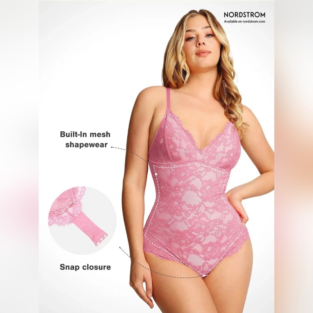 Lace V-Neck Bodysuit Tank Top - Pink - Picture 2 of 7
